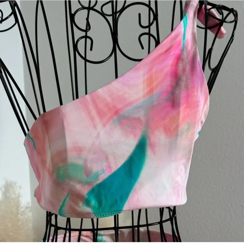 Frankie's Bikinis Taylor Top Trippy Tie Dye One Shoulder Bikini Top Pink Medium